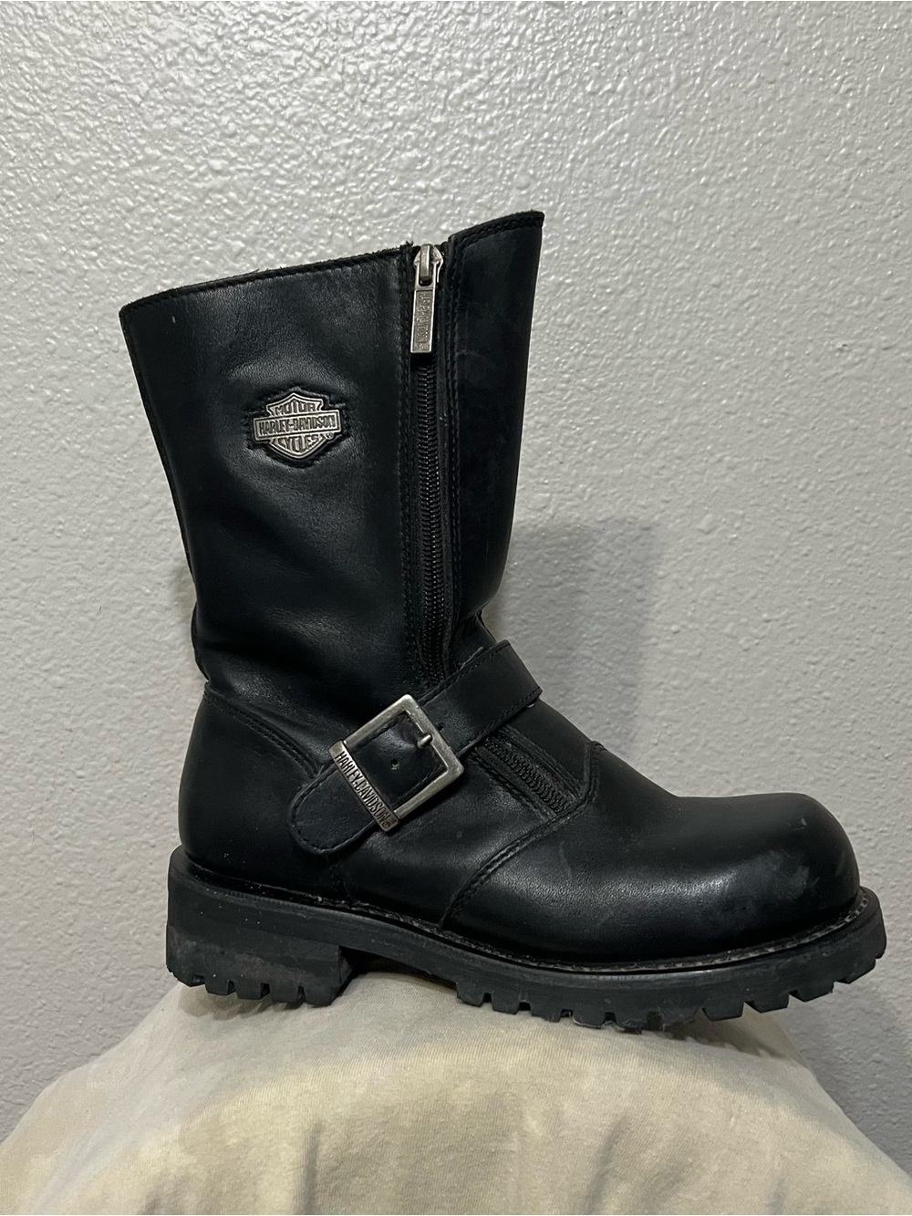Harley Davidson Boots Women’s 7 Black Leather Double Zip Buckle Motorcycle Shoe
